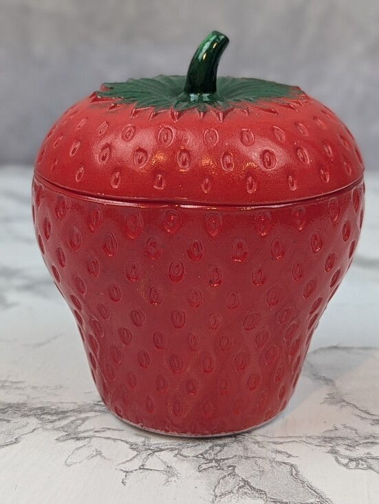 Hazel-Atlas Other - Hazel Atlas Strawberry Milk Glass Lidded Jam Jar Sugar Bowl Cottagecore